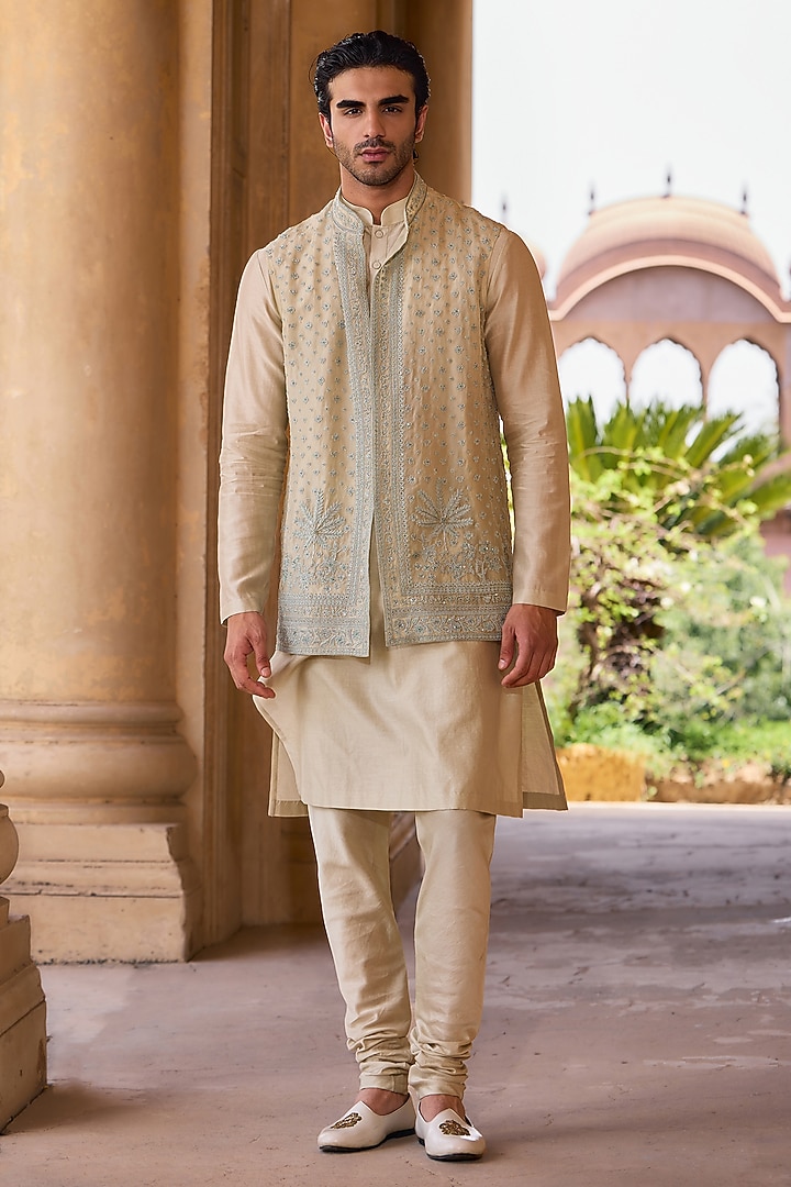 Mint Green Organza Embroidered Bundi Jacket Set by Ridhi Mehra Men at Pernia's Pop Up Shop