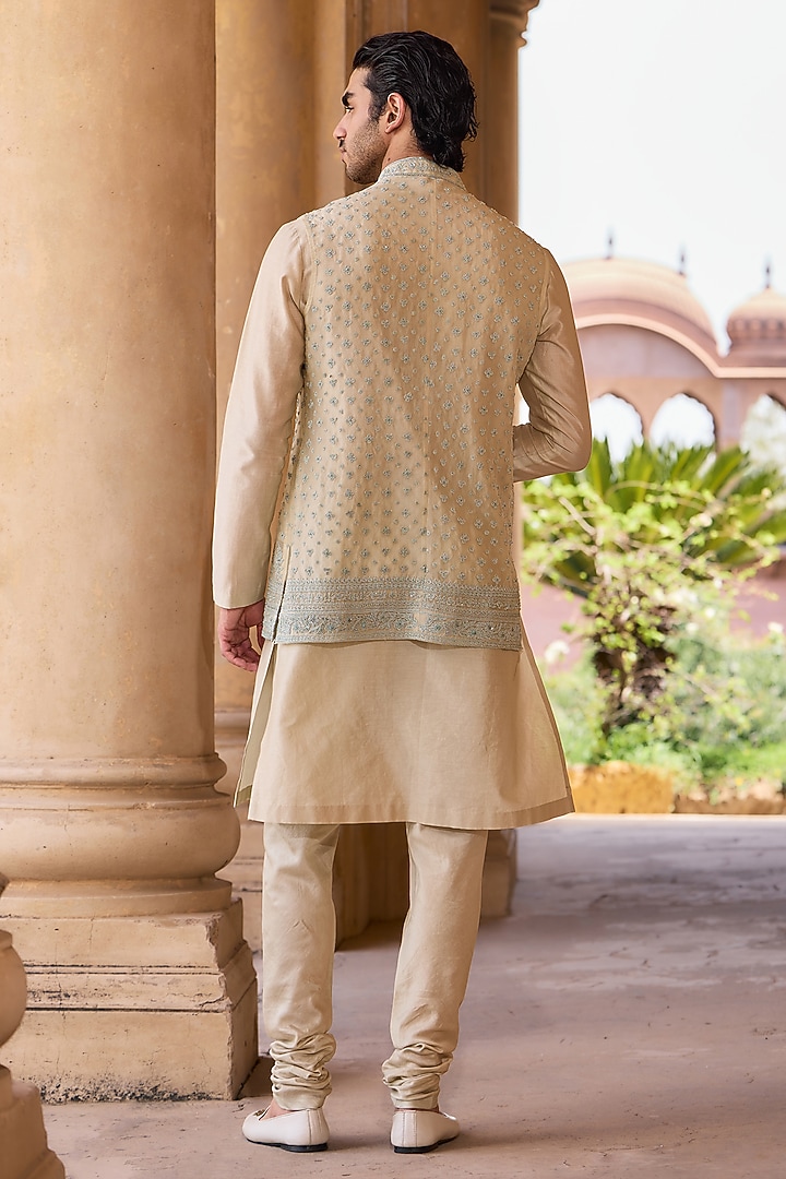 Mint Green Organza Embroidered Bundi Jacket Set by Ridhi Mehra Men at Pernia's Pop Up Shop
