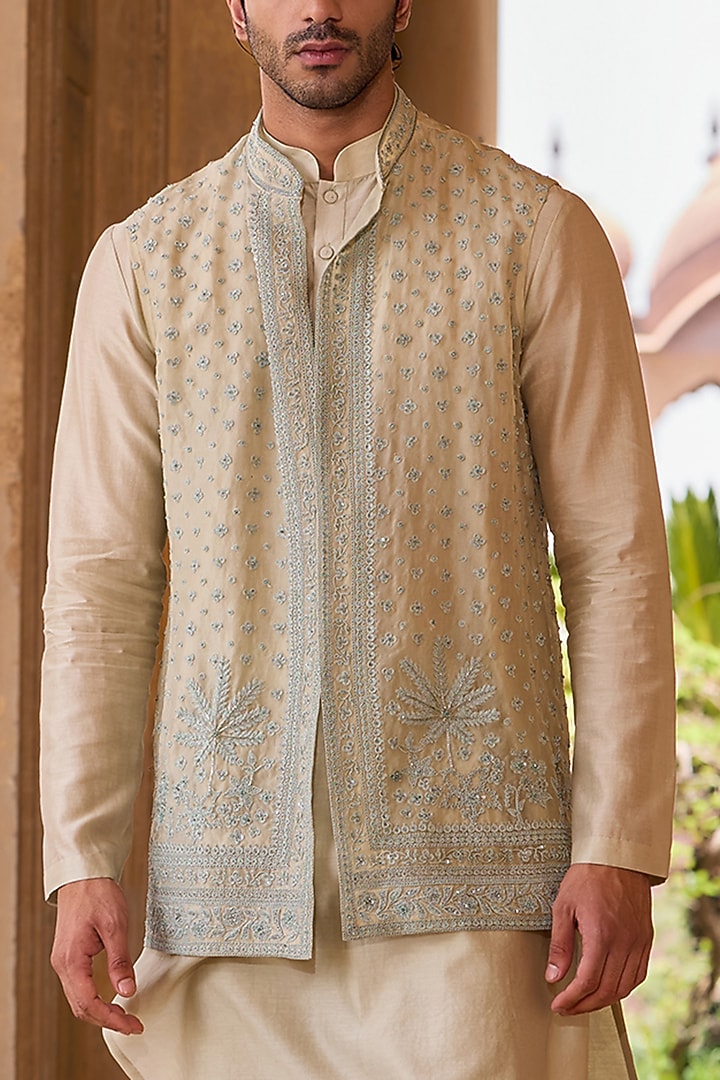 Mint Green Organza Embroidered Bundi Jacket Set by Ridhi Mehra Men at Pernia's Pop Up Shop
