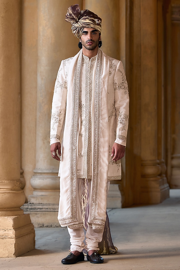 Light Beige Raw Silk Embroidered Groom Sherwani Set by Ridhi Mehra Men at Pernia's Pop Up Shop