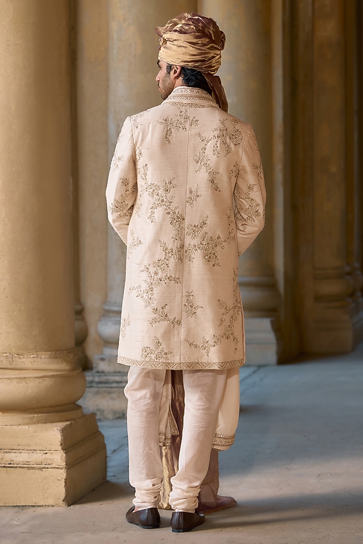 Light Beige Raw Silk Embroidered Groom Sherwani Set by Ridhi Mehra Men at Pernia's Pop Up Shop