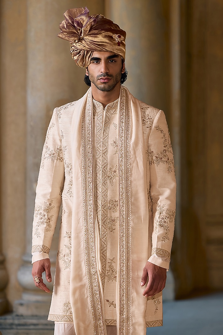 Light Beige Raw Silk Embroidered Groom Sherwani Set by Ridhi Mehra Men at Pernia's Pop Up Shop