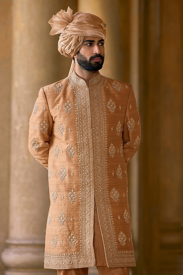 Deep Gold Raw Silk Embroidered Groom Sherwani Set by Ridhi Mehra Men at Pernia's Pop Up Shop
