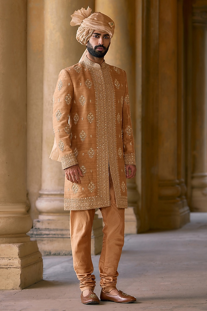 Deep Gold Raw Silk Embroidered Groom Sherwani Set by Ridhi Mehra Men at Pernia's Pop Up Shop