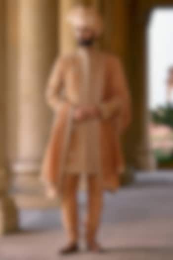 Deep Gold Raw Silk Embroidered Groom Sherwani Set by Ridhi Mehra Men at Pernia's Pop Up Shop