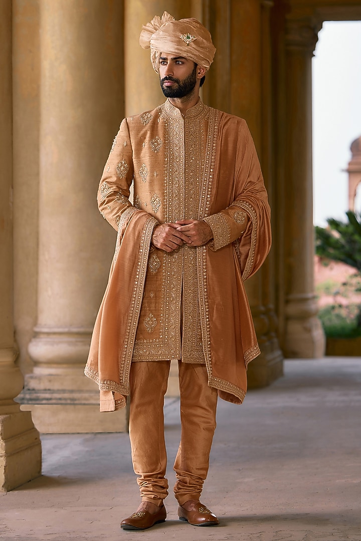 Deep Gold Raw Silk Embroidered Groom Sherwani Set by Ridhi Mehra Men at Pernia's Pop Up Shop
