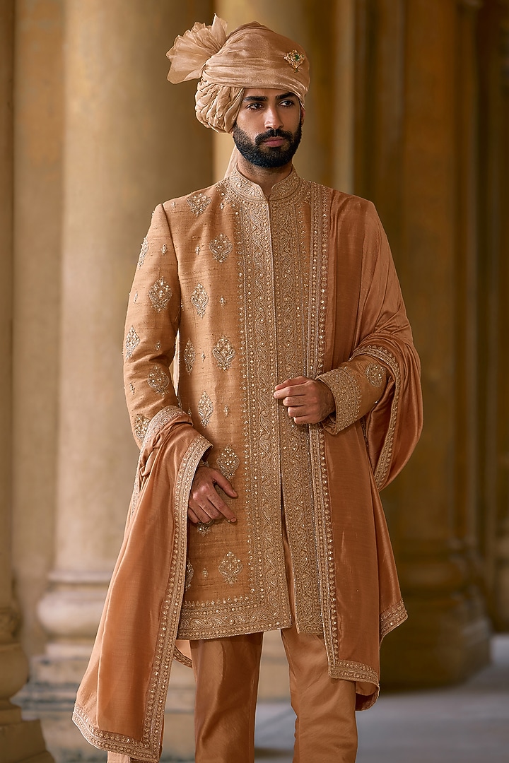Deep Gold Raw Silk Embroidered Groom Sherwani Set by Ridhi Mehra Men at Pernia's Pop Up Shop