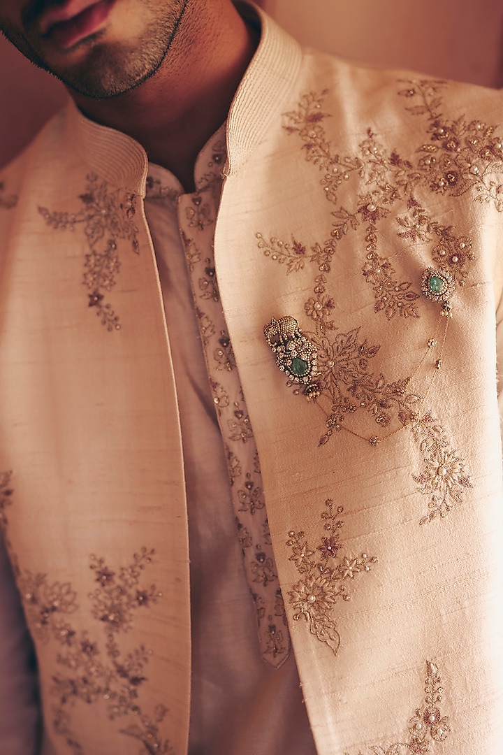 Light Beige Raw Silk Embroidered Bundi Jacket Set by Ridhi Mehra Men at Pernia's Pop Up Shop