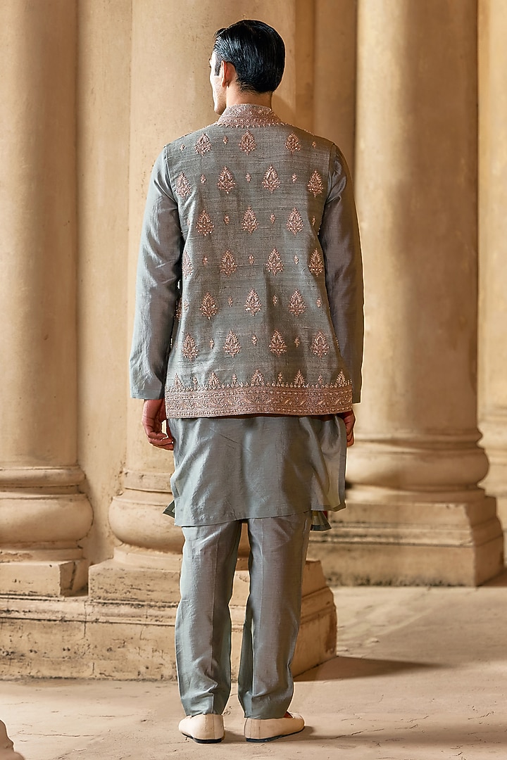 Powder Blue Raw Silk Embroidered Bundi Jacket Set by Ridhi Mehra Men at Pernia's Pop Up Shop