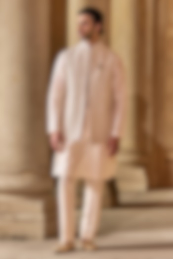 Light Beige Raw Silk Embroidered Bundi Jacket Set by Ridhi Mehra Men at Pernia's Pop Up Shop