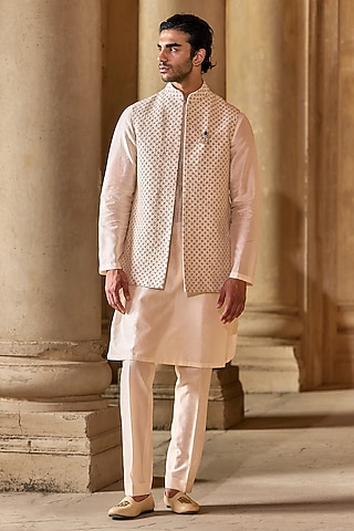 Light Beige Raw Silk Embroidered Bundi Jacket Set by Ridhi Mehra Men
