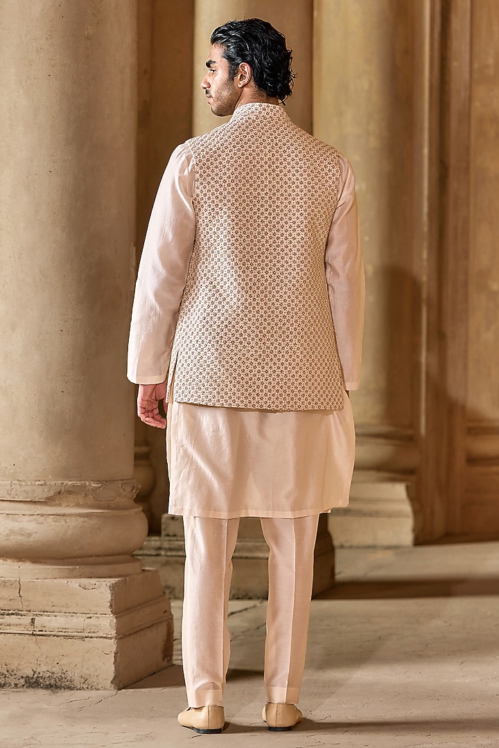 Light Beige Raw Silk Embroidered Bundi Jacket Set by Ridhi Mehra Men at Pernia's Pop Up Shop