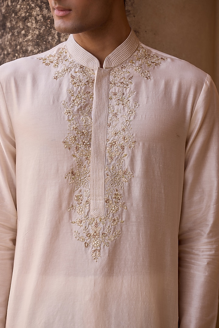 Light Beige Chanderi Embroidered Kurta Set by Ridhi Mehra Men at Pernia's Pop Up Shop