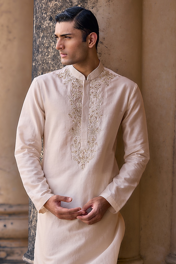 Light Beige Chanderi Embroidered Kurta Set by Ridhi Mehra Men at Pernia's Pop Up Shop