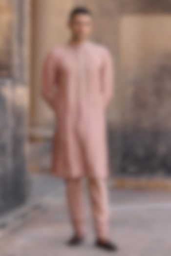 Dusky Pink Silk Embroidered Kurta Set by Ridhi Mehra Men at Pernia's Pop Up Shop
