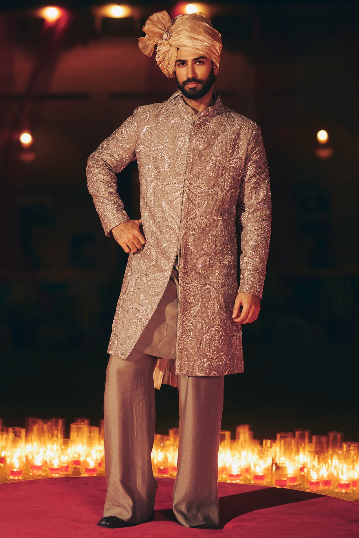 Ridhi Mehra Stone Grey Chanderi Embroidered Sherwani Set