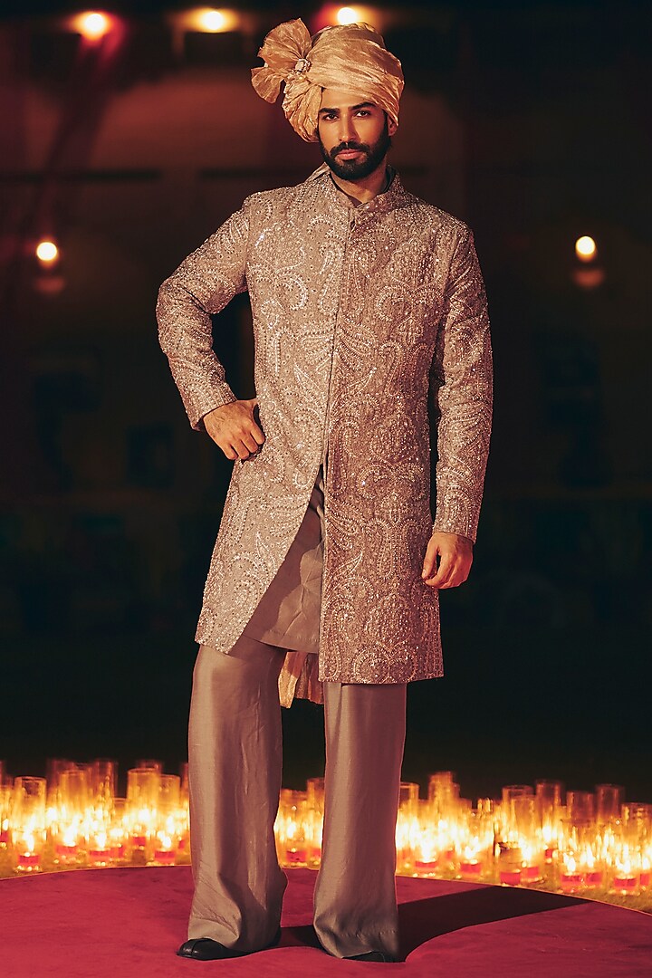 Stone Grey Chanderi Embroidered Groom Sherwani Set by Ridhi Mehra Men at Pernia's Pop Up Shop