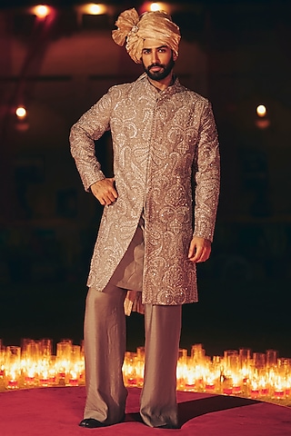 Stone Grey Chanderi Embroidered Sherwani Set by Ridhi Mehra Men