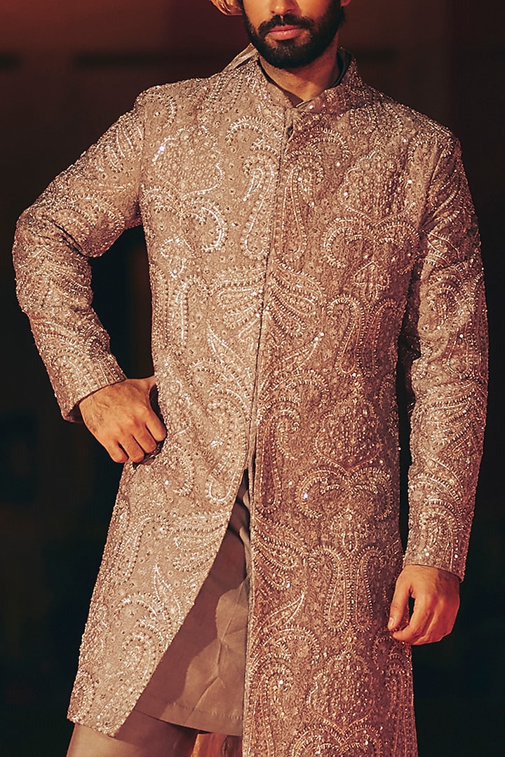 Stone Grey Chanderi Embroidered Groom Sherwani Set by Ridhi Mehra Men at Pernia's Pop Up Shop
