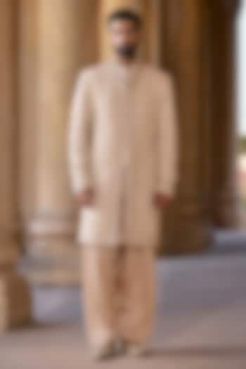 Silver Grey Tussar Silk Embroidered Groom Sherwani Set by Ridhi Mehra Men at Pernia's Pop Up Shop