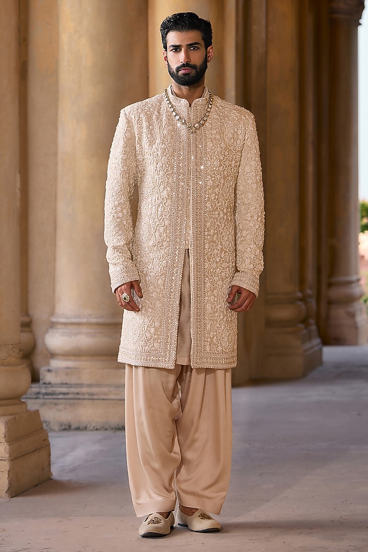 Silver Grey Tussar Silk Embroidered Groom Sherwani Set by Ridhi Mehra Men at Pernia's Pop Up Shop