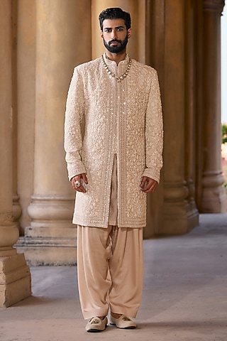 Silver Grey Tussar Silk Embroidered Sherwani Set by Ridhi Mehra Men