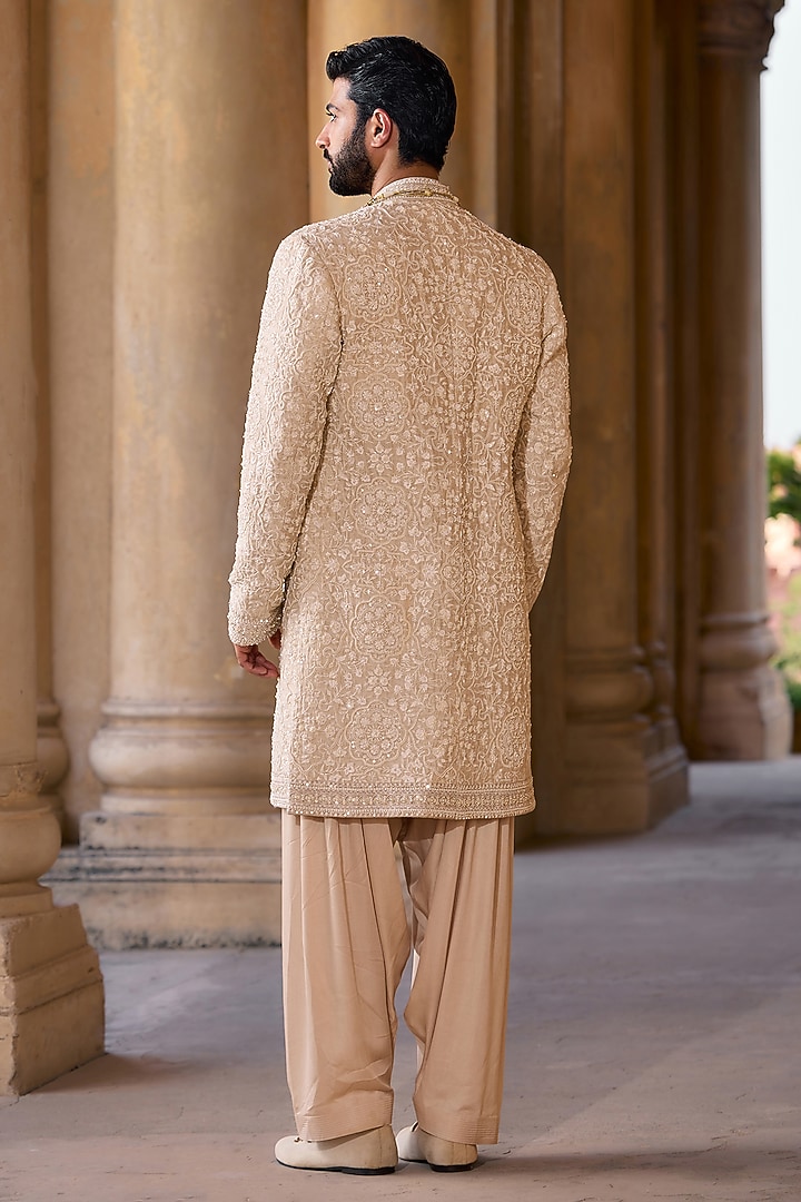 Silver Grey Tussar Silk Embroidered Groom Sherwani Set by Ridhi Mehra Men at Pernia's Pop Up Shop