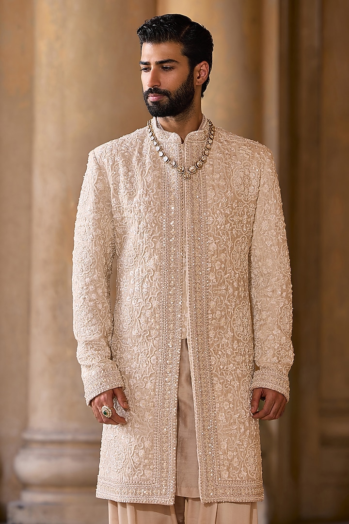 Silver Grey Tussar Silk Embroidered Groom Sherwani Set by Ridhi Mehra Men at Pernia's Pop Up Shop