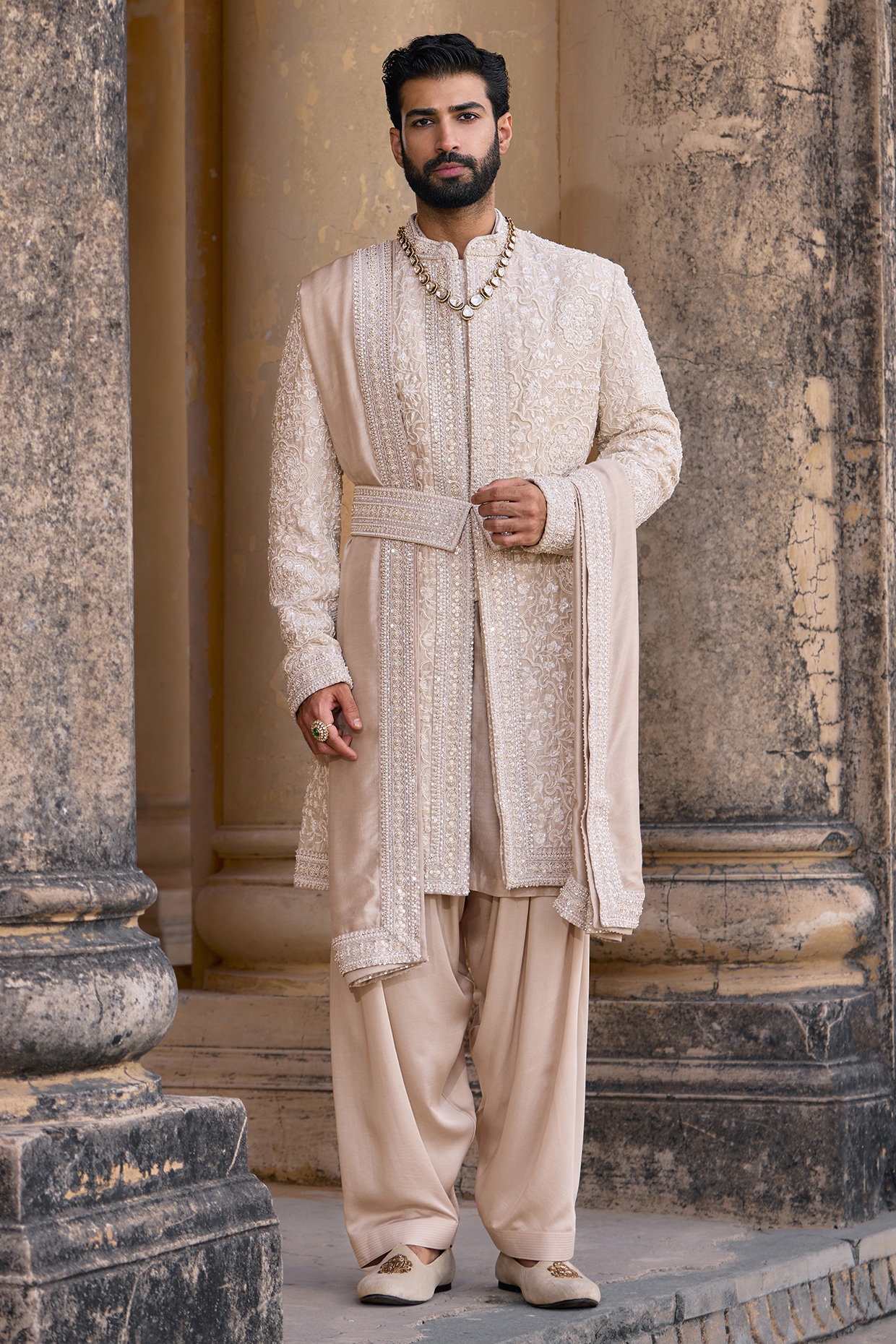 Ridhi Mehra Silver Grey Tussar Silk Embroidered Sherwani Set