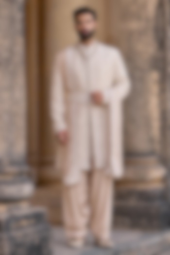 Silver Grey Tussar Silk Embroidered Groom Sherwani Set by Ridhi Mehra Men at Pernia's Pop Up Shop