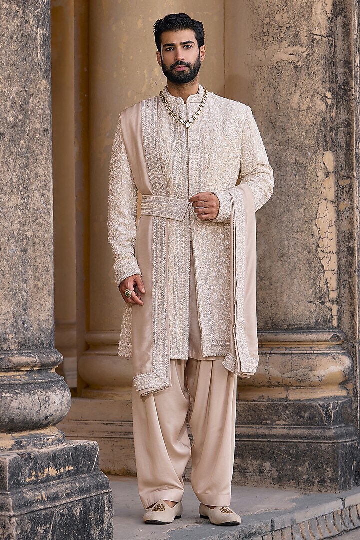 Silver Grey Tussar Silk Embroidered Groom Sherwani Set by Ridhi Mehra Men at Pernia's Pop Up Shop