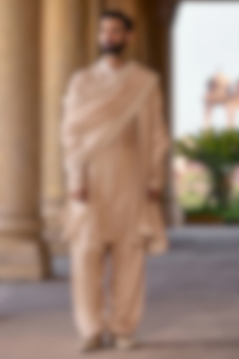 Silver Grey Chanderi Embroidered Kurta Set by Ridhi Mehra Men at Pernia's Pop Up Shop