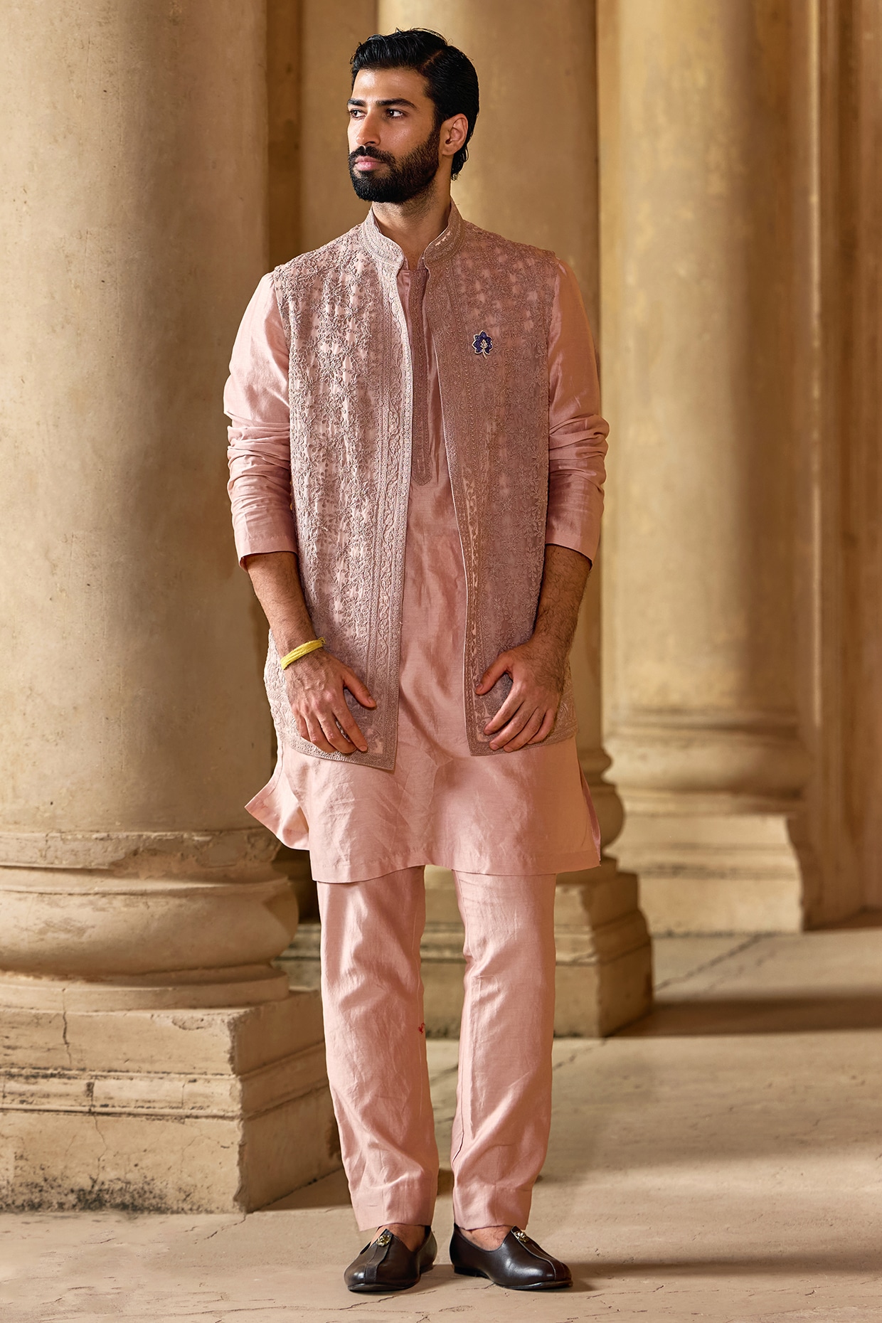 Ridhi Mehra Champagne Organza Embroidered Bundi Jacket Set