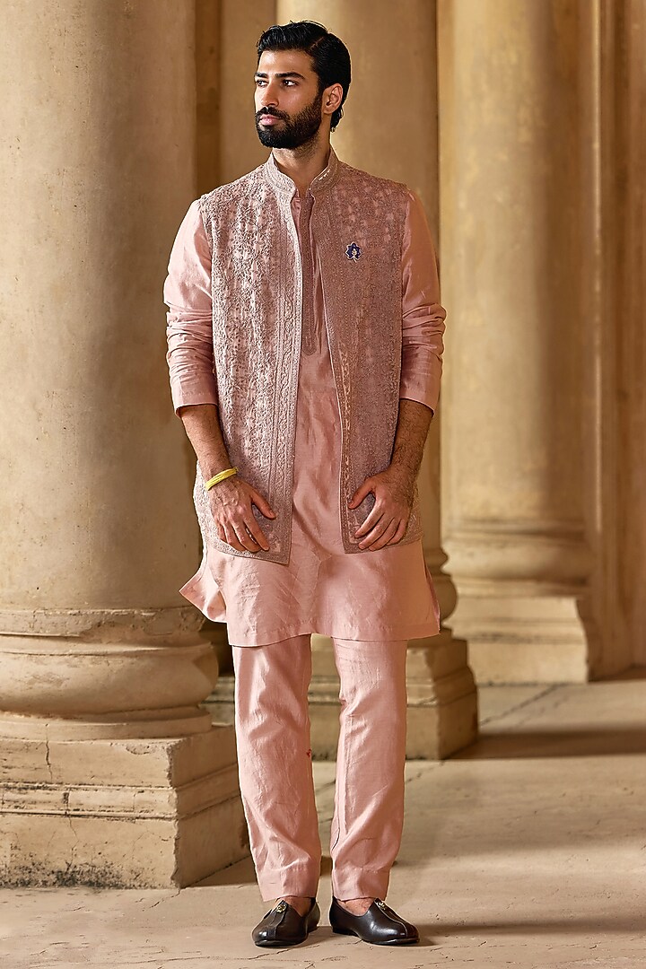 Champagne Organza Embroidered Bundi Jacket Set by Ridhi Mehra Men at Pernia's Pop Up Shop