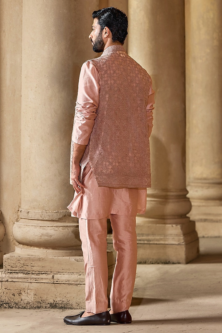 Champagne Organza Embroidered Bundi Jacket Set by Ridhi Mehra Men at Pernia's Pop Up Shop