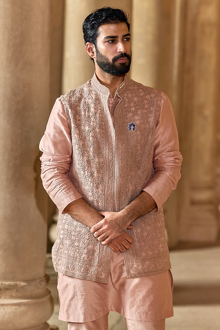 Champagne Organza Embroidered Bundi Jacket Set by Ridhi Mehra Men at Pernia's Pop Up Shop