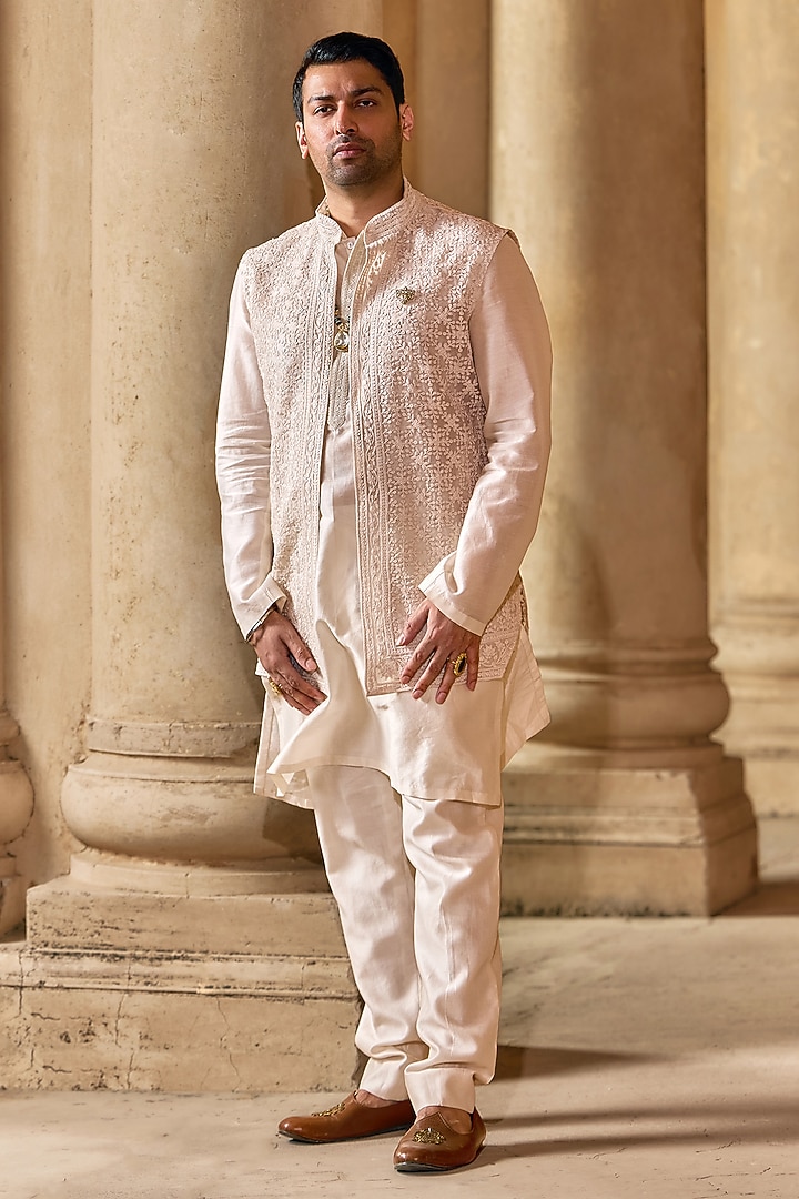 Ivory Organza Embroidered Bundi Jacket Set by Ridhi Mehra Men at Pernia's Pop Up Shop