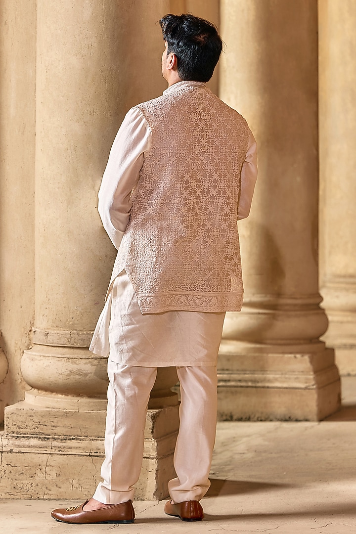 Ivory Organza Embroidered Bundi Jacket Set by Ridhi Mehra Men at Pernia's Pop Up Shop