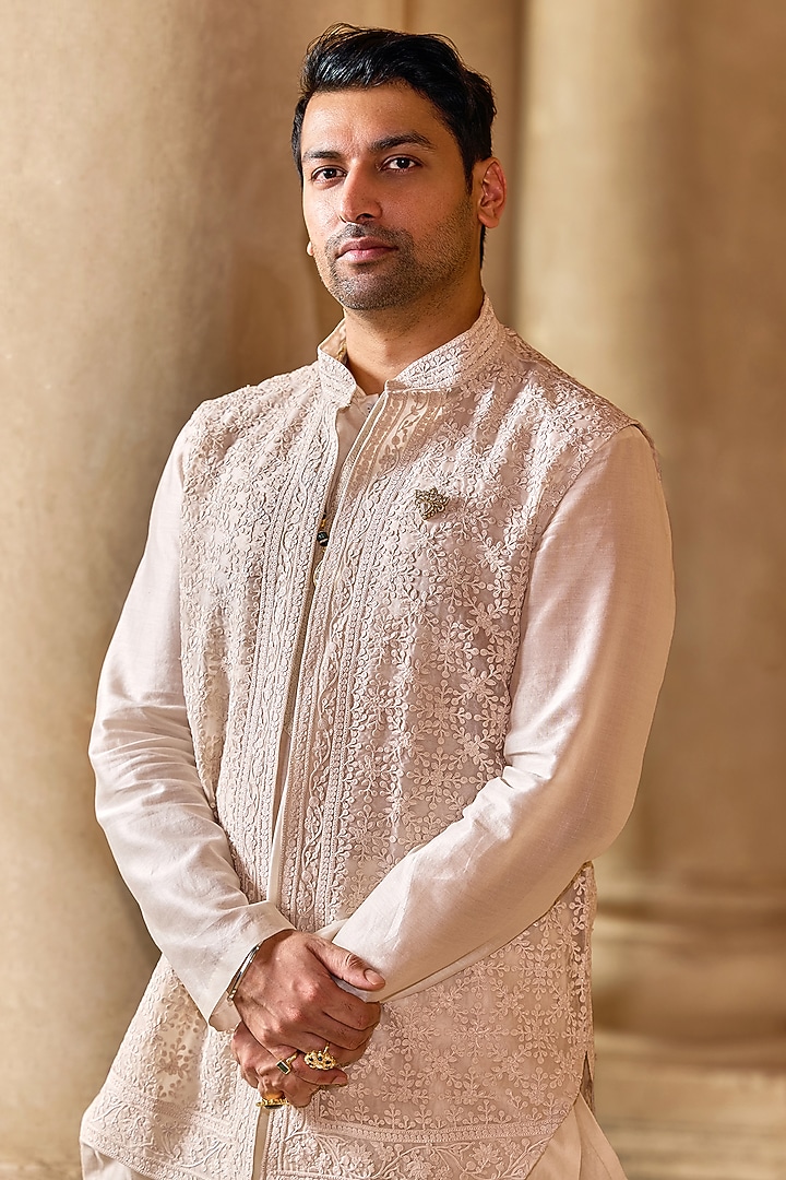 Ivory Organza Embroidered Bundi Jacket Set by Ridhi Mehra Men at Pernia's Pop Up Shop