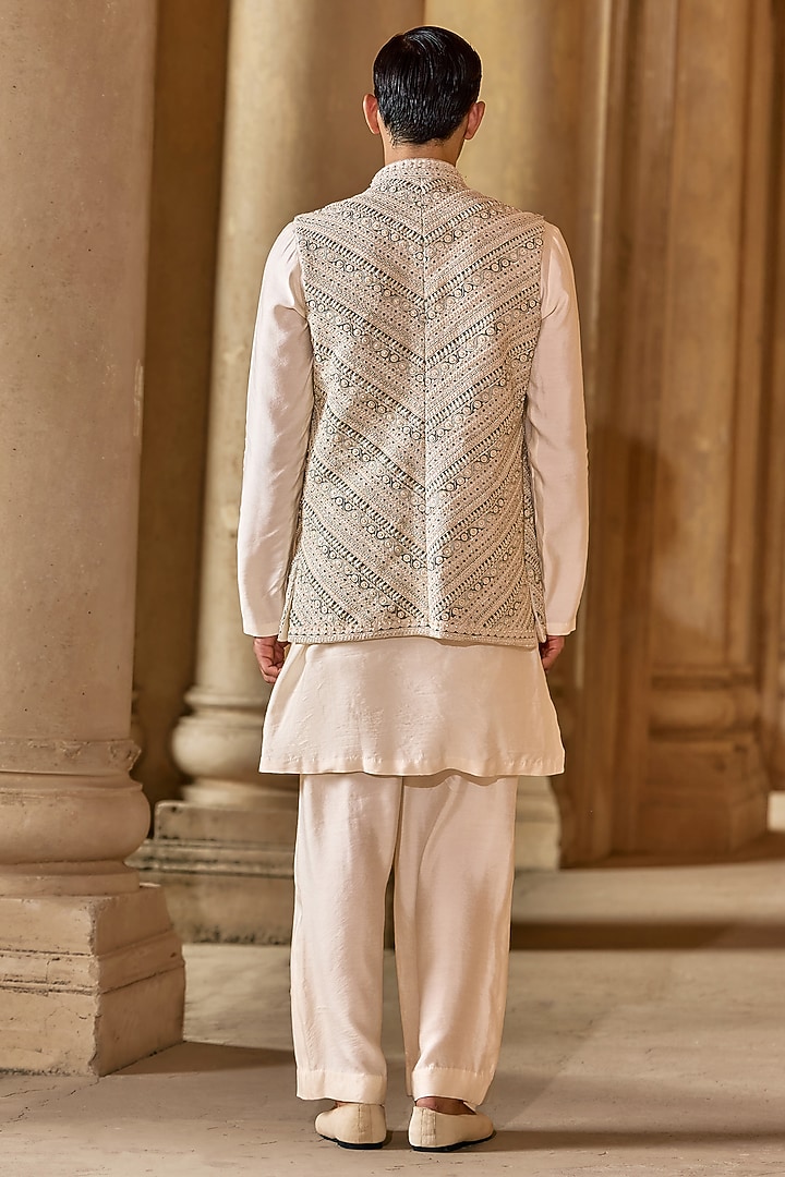 Ivory Chanderi Embroidered Bundi Jacket Set by Ridhi Mehra Men at Pernia's Pop Up Shop
