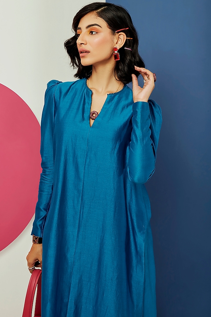 Blue Chanderi Kurta Set by Ridhi Mehra Pret at Pernia's Pop Up Shop