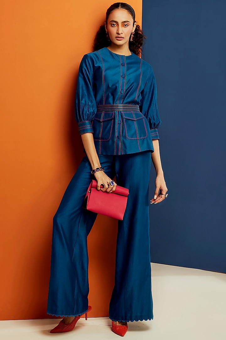 Royal Blue Chanderi Co-Ord Set by Ridhi Mehra Pret at Pernia's Pop Up Shop