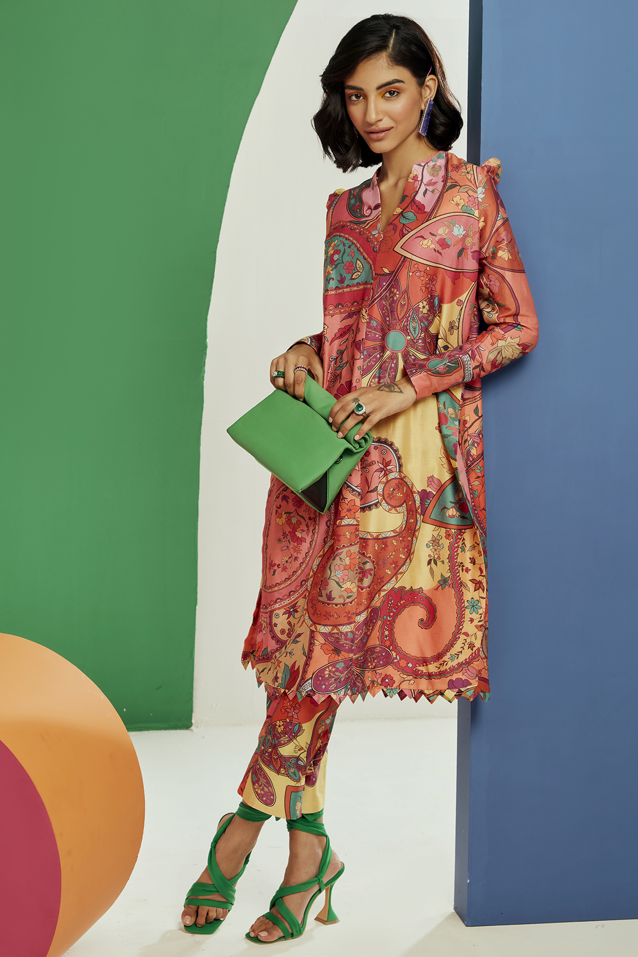 Multi-Colored Chanderi Printed Kurta Set by Ridhi Mehra Pret