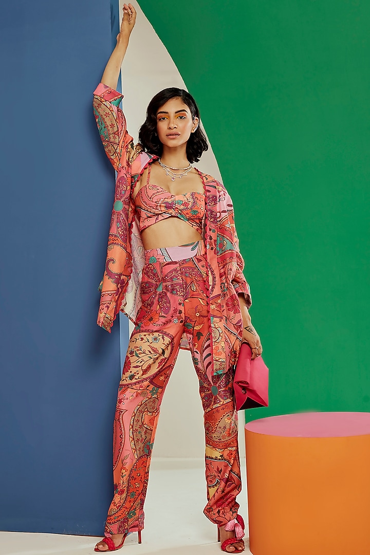 Multi-Colored Chanderi Printed Cape Set by Ridhi Mehra Pret