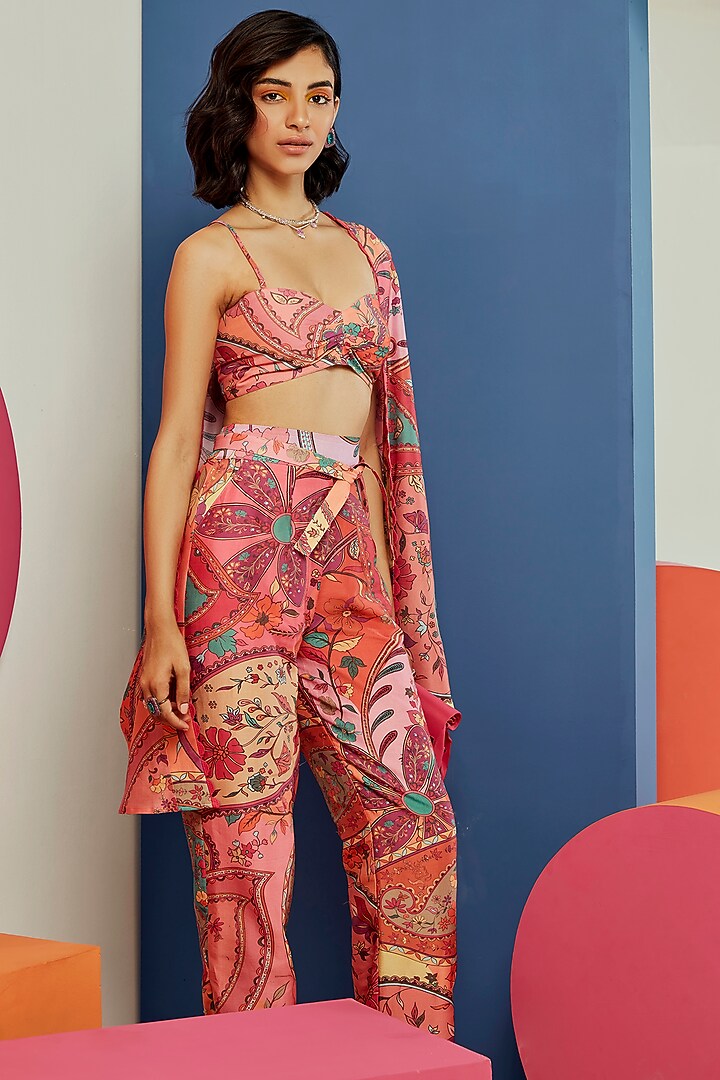 Multi-Colored Chanderi Printed Cape Set by Ridhi Mehra Pret at Pernia's Pop Up Shop