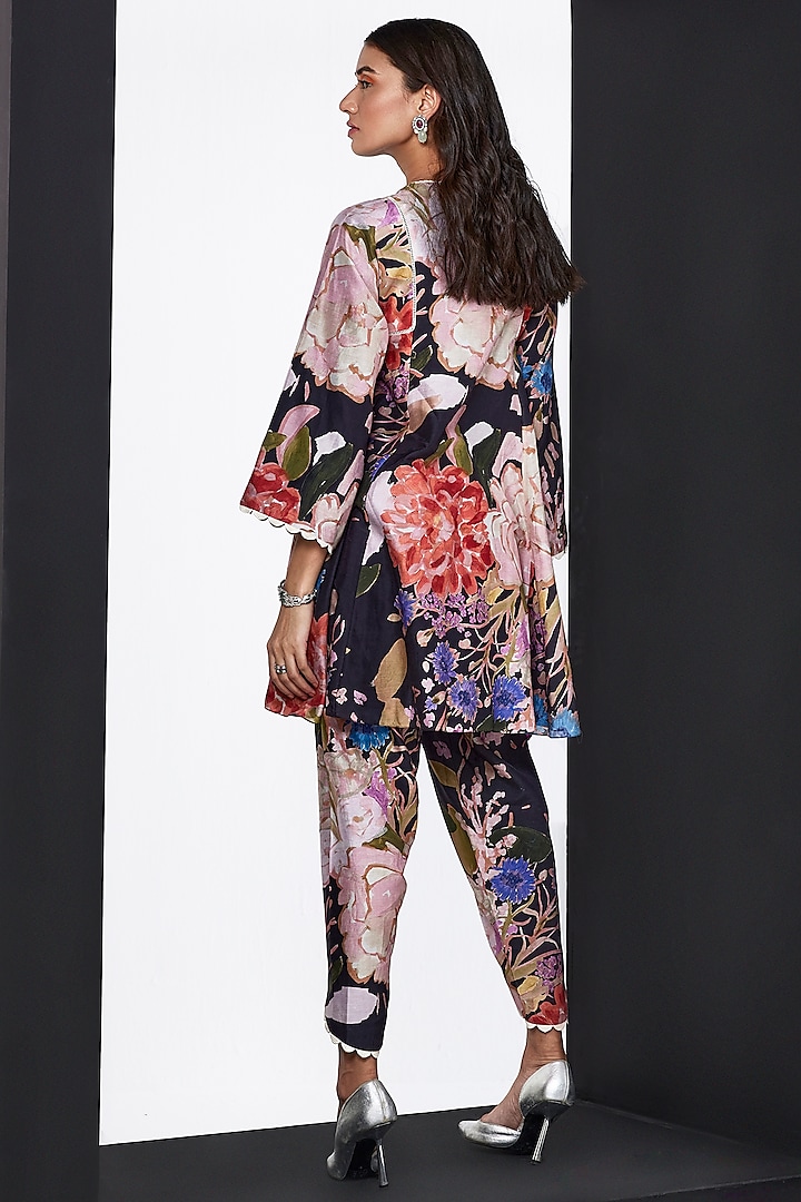 Black Chanderi Multi-Colored Printed Peplum Co-ord Set by Ridhi Mehra Pret at Pernia's Pop Up Shop