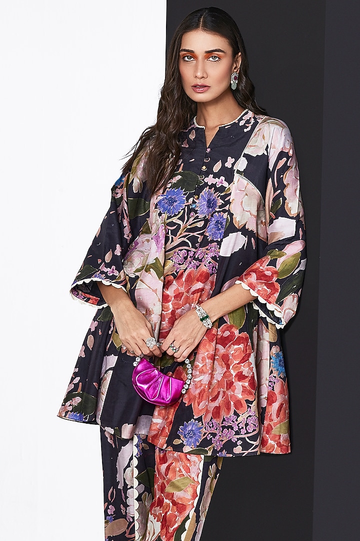 Black Chanderi Multi-Colored Printed Peplum Co-ord Set by Ridhi Mehra Pret at Pernia's Pop Up Shop