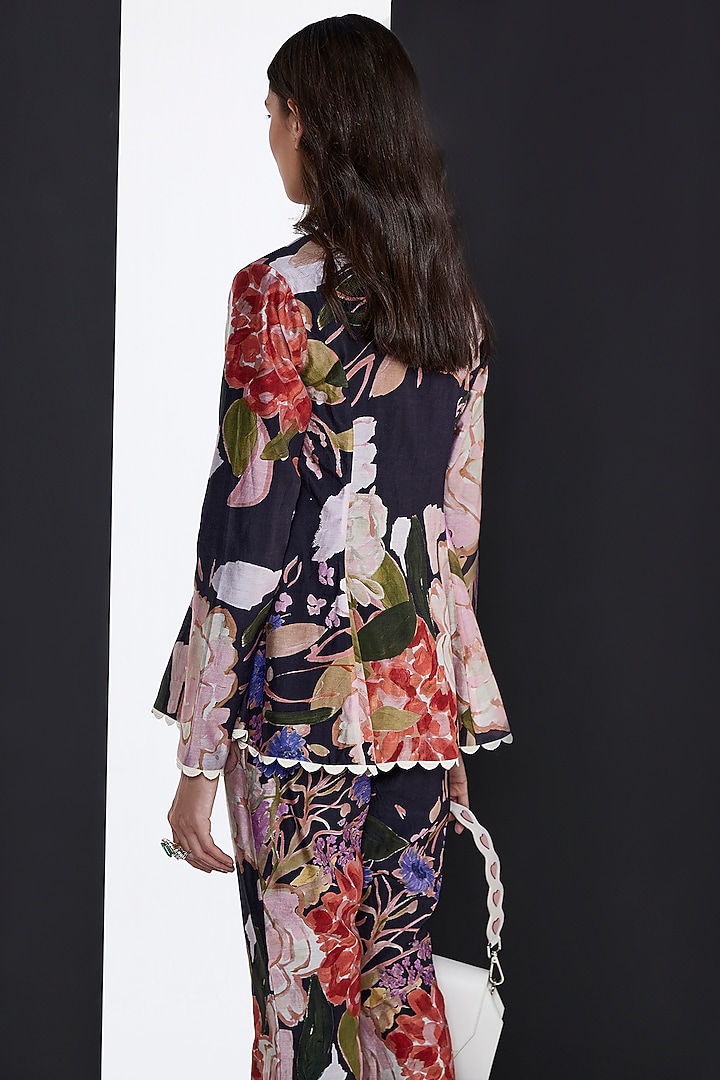 Black Chanderi Multi-Colored Printed Peplum Co-ord Set by Ridhi Mehra Pret at Pernia's Pop Up Shop
