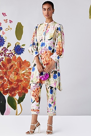 Multi-Colored Chanderi Printed High-Low Kurta Set by Ridhi Mehra Pret