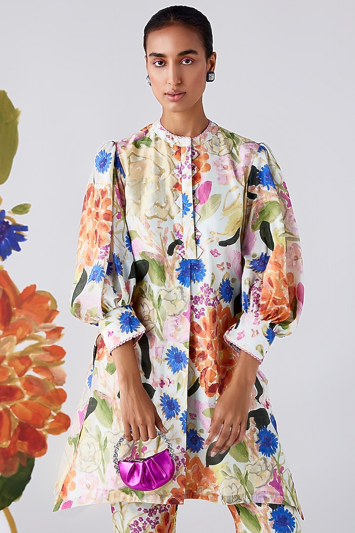 Multi-Colored Chanderi Printed High-Low Kurta Set by Ridhi Mehra Pret at Pernia's Pop Up Shop